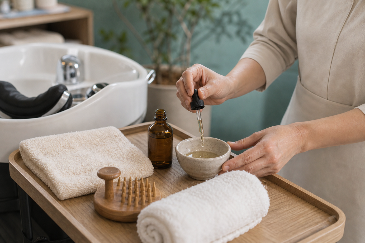 Pr&eacute;paration d'un soin Head Spa avec serviettes et huile de massage