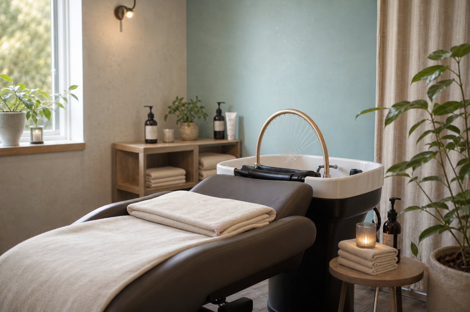 Espace calme pr&eacute;par&eacute; pour un rituel Head Spa
